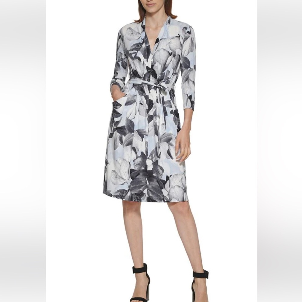 Calvin Klein Black and White Floral 3/4 Sleeve Dress